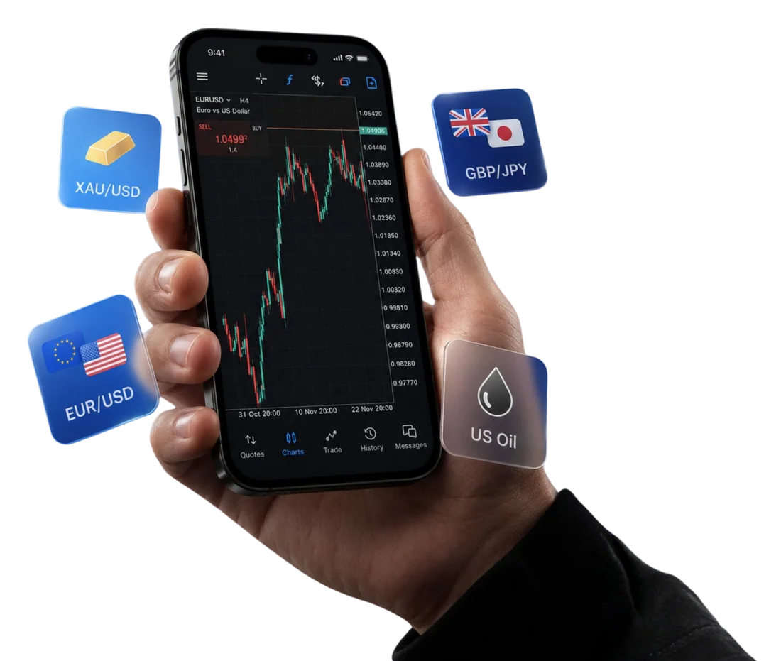 اپلیکیشن معاملاتی موبایلMetaTrader 5 با نمایش زنده قیمت‌های فارکس و کالاها